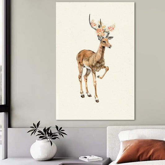 Farmhouse Deer with Flower Wrapped Canvas for Kids Bedroom Wall Art Decor in Brown Brown Clearhalo 'Art Gallery' 'Canvas Art' 'Kids' Arts' 1659060