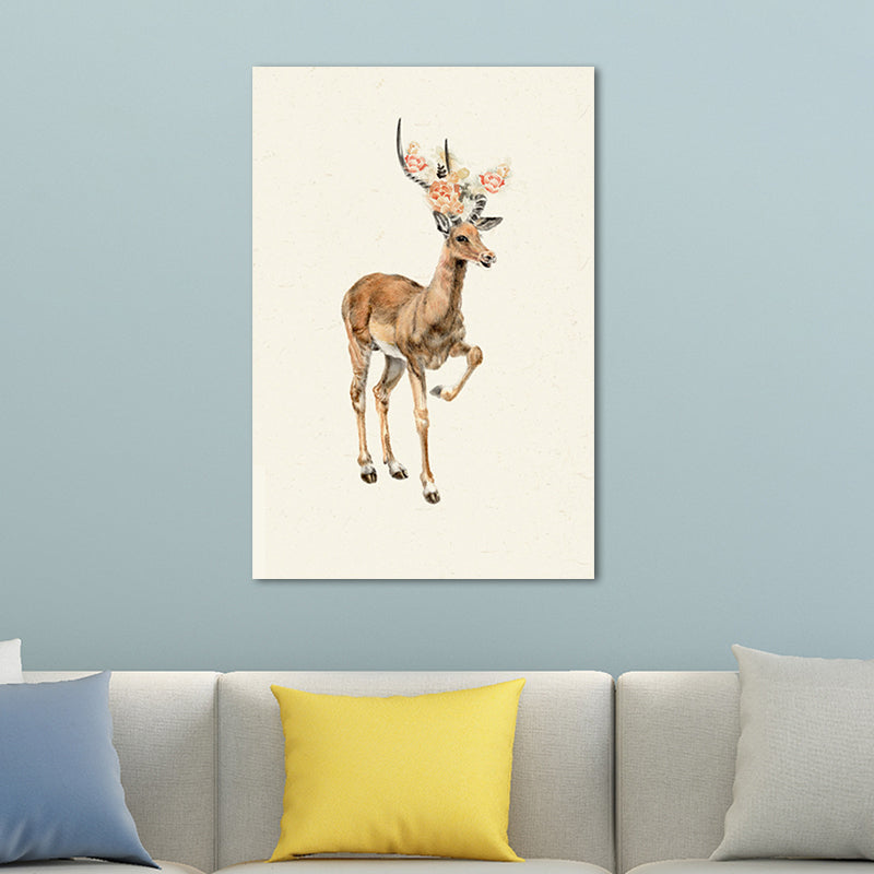 Farmhouse Deer with Flower Wrapped Canvas for Kids Bedroom Wall Art Decor in Brown Clearhalo 'Art Gallery' 'Canvas Art' 'Kids' Arts' 1659061