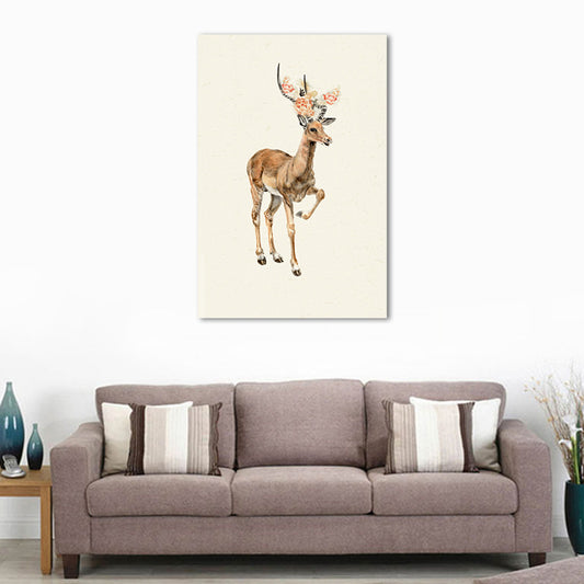Farmhouse Deer with Flower Wrapped Canvas for Kids Bedroom Wall Art Decor in Brown Clearhalo 'Art Gallery' 'Canvas Art' 'Kids' Arts' 1659062