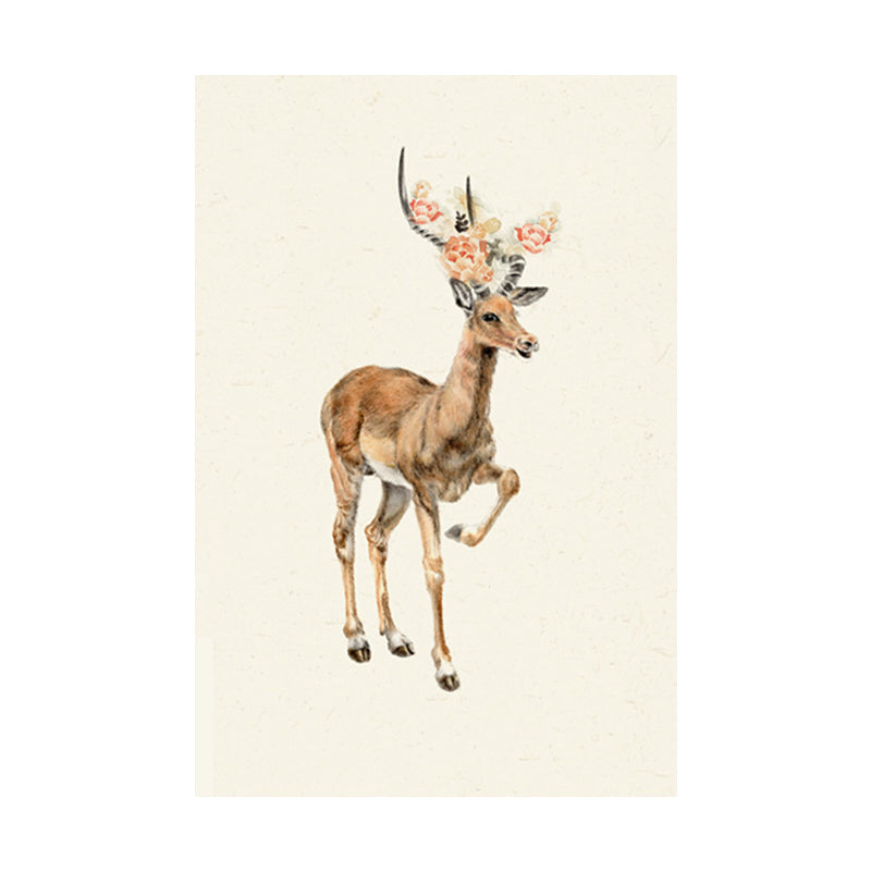 Farmhouse Deer with Flower Wrapped Canvas for Kids Bedroom Wall Art Decor in Brown Clearhalo 'Art Gallery' 'Canvas Art' 'Kids' Arts' 1659063
