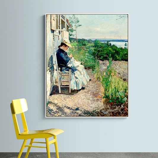 Woman Sewing in Courtyard Canvas Wall Art Green Farmhouse Painting for Living Room Green Clearhalo 'Art Gallery' 'Canvas Art' 'Country Art Gallery' 'French Country' 'Rustic' Arts' 1659090