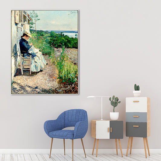 Woman Sewing in Courtyard Canvas Wall Art Green Farmhouse Painting for Living Room Clearhalo 'Art Gallery' 'Canvas Art' 'Country Art Gallery' 'French Country' 'Rustic' Arts' 1659091