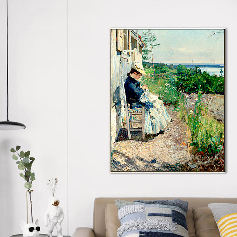 Woman Sewing in Courtyard Canvas Wall Art Green Farmhouse Painting for Living Room Clearhalo 'Art Gallery' 'Canvas Art' 'Country Art Gallery' 'French Country' 'Rustic' Arts' 1659092