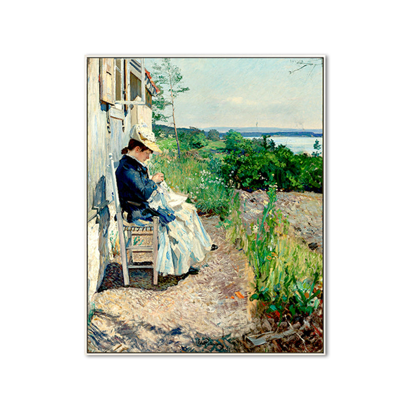 Woman Sewing in Courtyard Canvas Wall Art Green Farmhouse Painting for Living Room Clearhalo 'Art Gallery' 'Canvas Art' 'Country Art Gallery' 'French Country' 'Rustic' Arts' 1659093