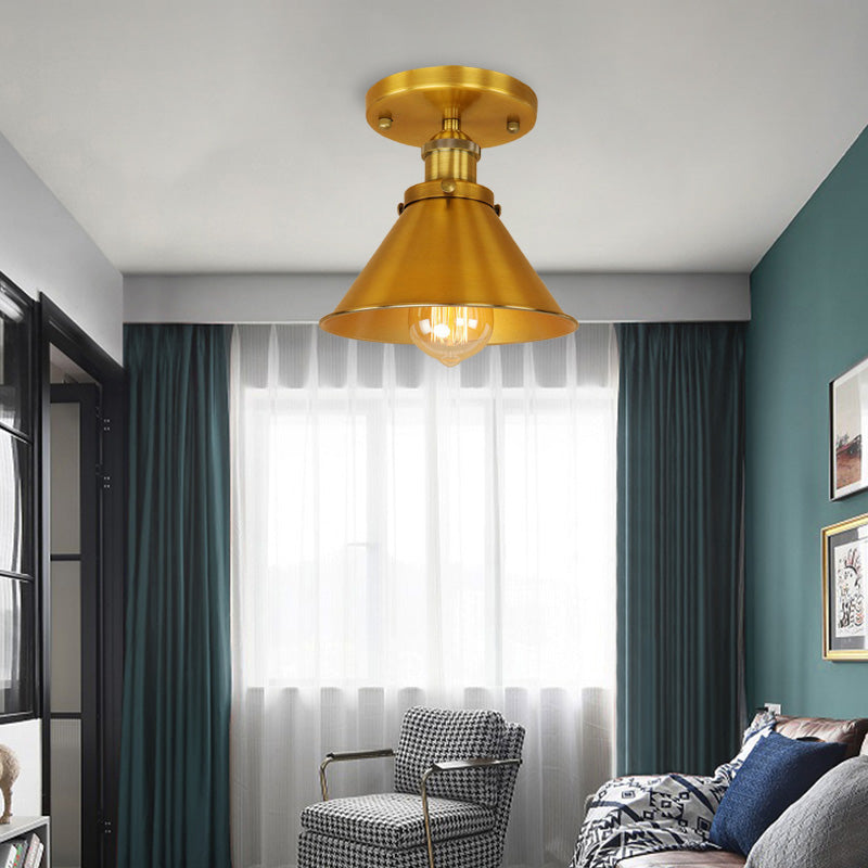 Metallic Conical Semi Flush Light Vintage Style 1 Head Corridor Semi Flush Mount Lighting in Brass/Copper Brass Clearhalo 'Ceiling Lights' 'Close To Ceiling Lights' 'Close to ceiling' 'Semi-flushmount' Lighting' 165930