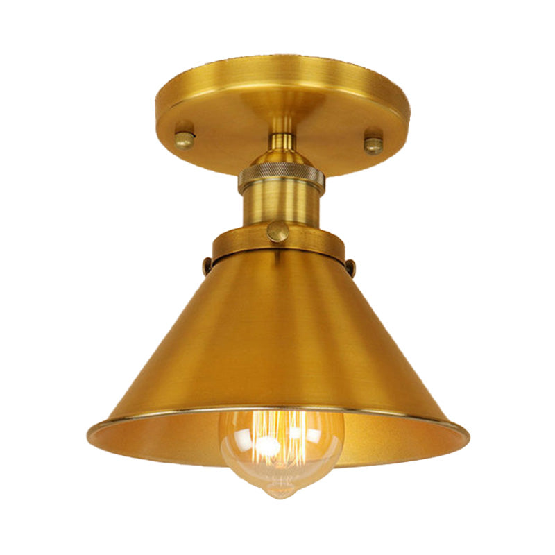 Metallic Conical Semi Flush Light Vintage Style 1 Head Corridor Semi Flush Mount Lighting in Brass/Copper Clearhalo 'Ceiling Lights' 'Close To Ceiling Lights' 'Close to ceiling' 'Semi-flushmount' Lighting' 165932