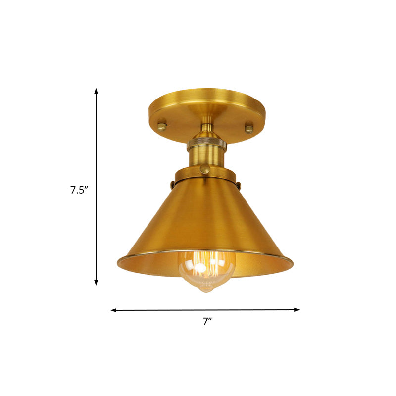 Metallic Conical Semi Flush Light Vintage Style 1 Head Corridor Semi Flush Mount Lighting in Brass/Copper Clearhalo 'Ceiling Lights' 'Close To Ceiling Lights' 'Close to ceiling' 'Semi-flushmount' Lighting' 165933