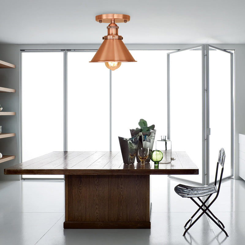 Metallic Conical Semi Flush Light Vintage Style 1 Head Corridor Semi Flush Mount Lighting in Brass/Copper Copper Clearhalo 'Ceiling Lights' 'Close To Ceiling Lights' 'Close to ceiling' 'Semi-flushmount' Lighting' 165934