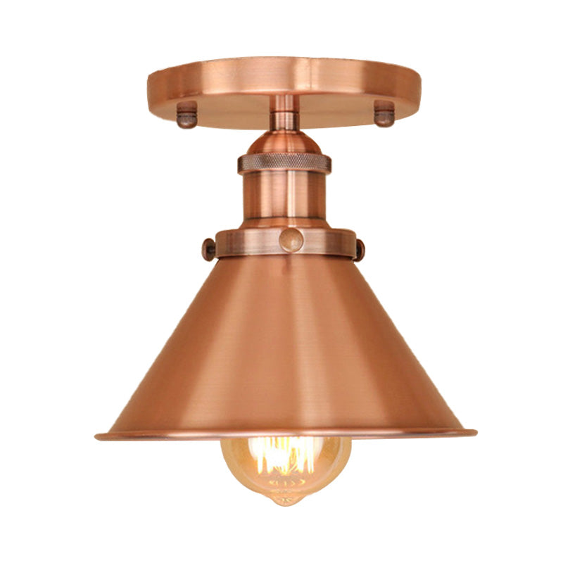 Metallic Conical Semi Flush Light Vintage Style 1 Head Corridor Semi Flush Mount Lighting in Brass/Copper Clearhalo 'Ceiling Lights' 'Close To Ceiling Lights' 'Close to ceiling' 'Semi-flushmount' Lighting' 165936
