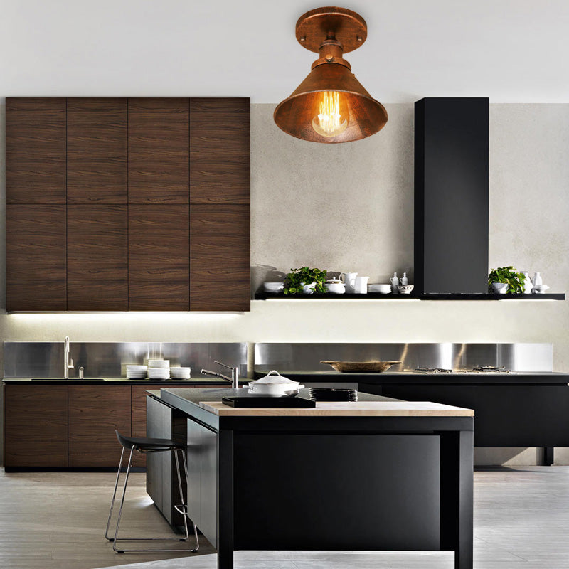Metallic Conical Semi Flush Light Vintage Style 1 Head Corridor Semi Flush Mount Lighting in Brass/Copper Rust Clearhalo 'Ceiling Lights' 'Close To Ceiling Lights' 'Close to ceiling' 'Semi-flushmount' Lighting' 165937