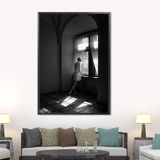 Photographs Contemporary Canvas Wall Art Girl Standing by Window in Black for Drawing Room Clearhalo 'Art Gallery' 'Canvas Art' 'Contemporary Art Gallery' 'Modern' Arts' 1659429