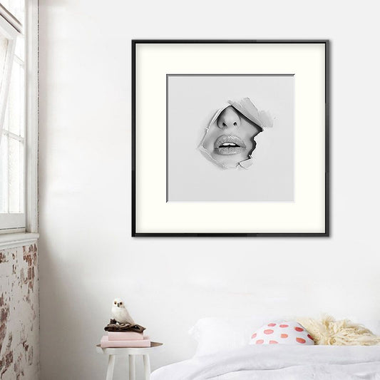 Mouth and Nose Wall Art Decorative Modernism for Bedroom Square Canvas Print in Grey Grey Clearhalo 'Art Gallery' 'Canvas Art' 'Contemporary Art Gallery' 'Modern' Arts' 1659488