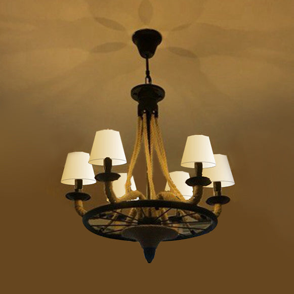 6/8 Bulbs Wagon Wheel Pendant Lighting Farmhouse Beige Rope Chandelier Light Fixture with Fabric Cone Shade 6 Beige Clearhalo 'Ceiling Lights' 'Chandeliers' 'Industrial Chandeliers' 'Industrial' 'Middle Century Chandeliers' 'Tiffany' Lighting' 16595