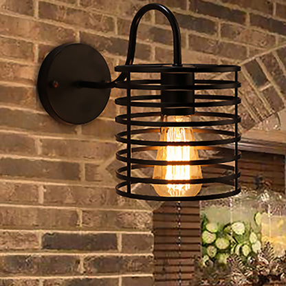 Metal Cylinder Caged Wall Lamp with Gooseneck Arm Retro 1 Head Corridor Wall Sconce Light in Black, 8.5"/9.5" Width Black 8.5" Clearhalo 'Wall Lamps & Sconces' 'Wall Lights' Lighting' 165954