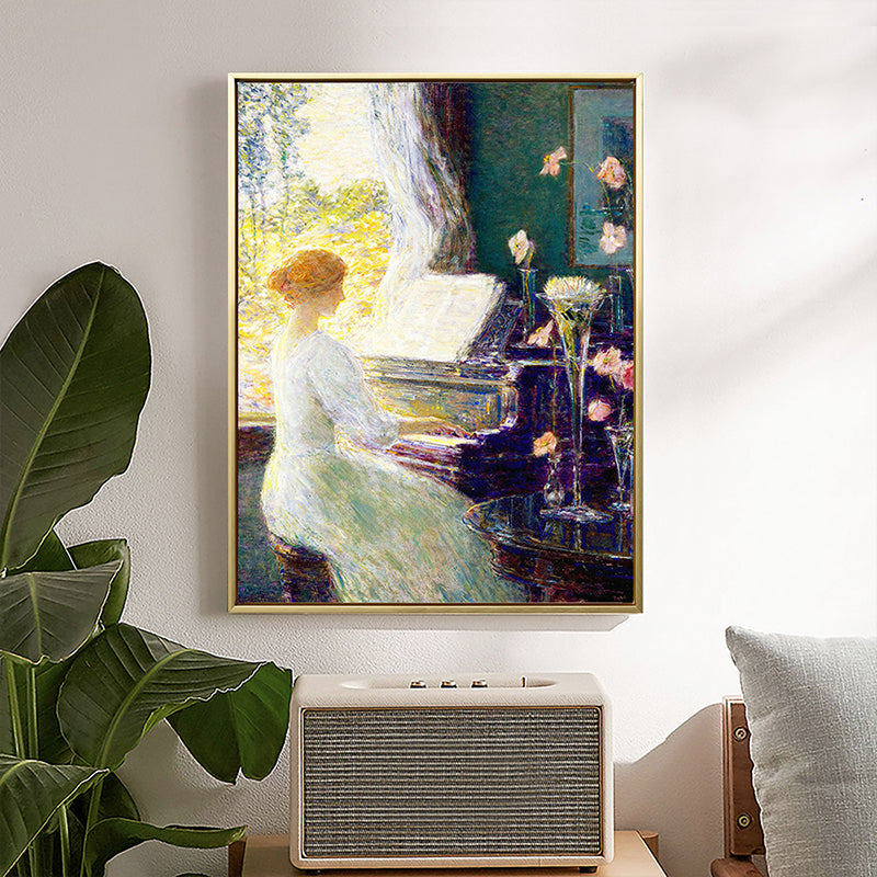 Musical Canvas Print Retro Elegant Lady Playing Piano Wall Art Decor in White-Green - White - Clearhalo - 'Arts' - 'Canvas Art' - 1659591