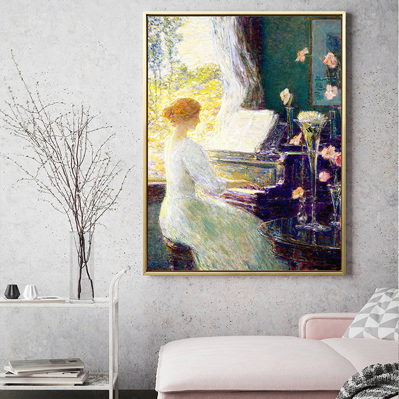 Musical Canvas Print Retro Elegant Lady Playing Piano Wall Art Decor in White-Green - Clearhalo - 'Arts' - 'Canvas Art' - 1659592