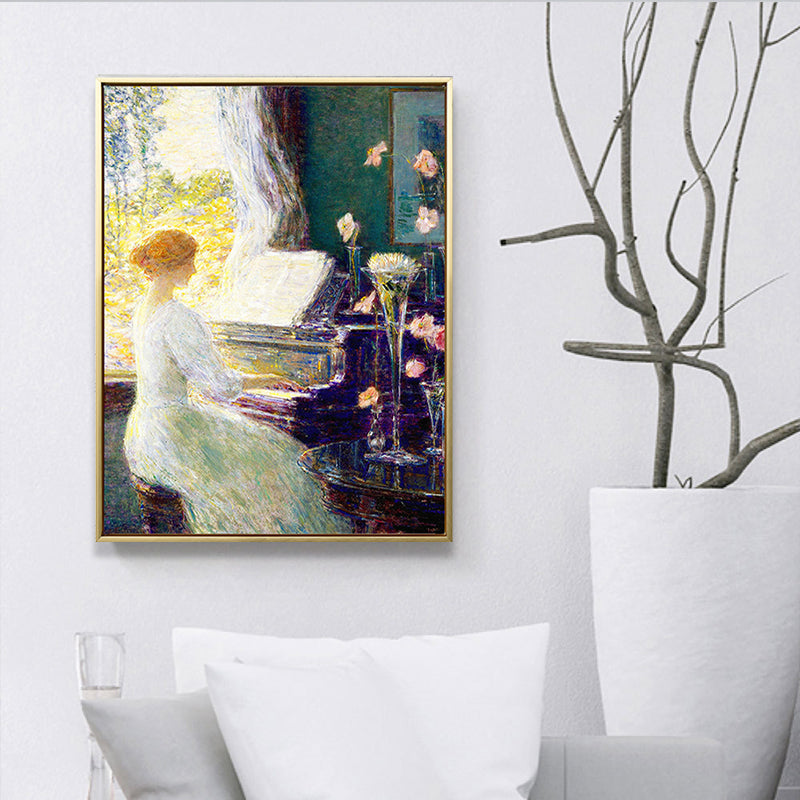 Musical Canvas Print Retro Elegant Lady Playing Piano Wall Art Decor in White-Green - Clearhalo - 'Arts' - 'Canvas Art' - 1659593