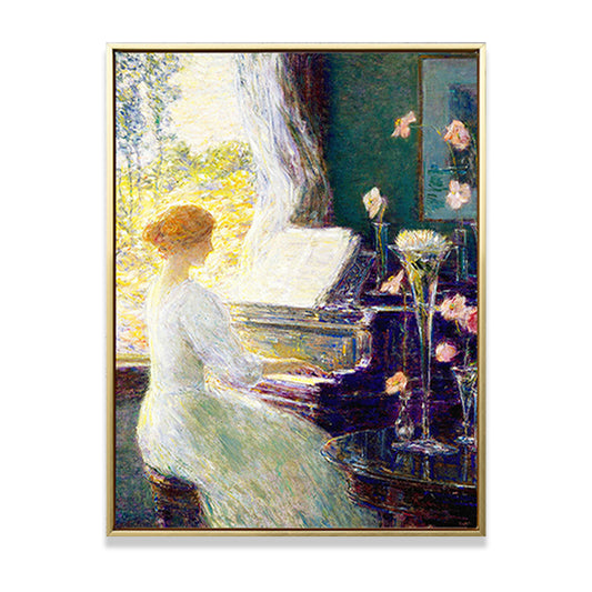 Musical Canvas Print Retro Elegant Lady Playing Piano Wall Art Decor in White-Green - Clearhalo - 'Arts' - 'Canvas Art' - 1659594