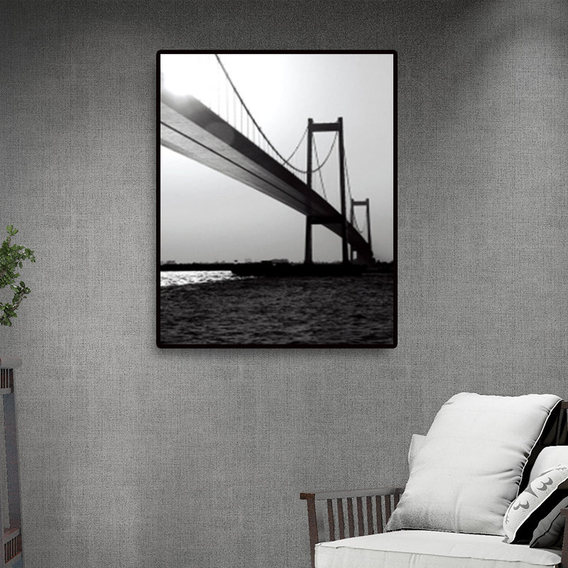 Sea Bridge Canvas Wall Art Nostalgic Stunning Scenery Wall Decor in Dark Color for Room Grey Clearhalo 'Arts' 'Canvas Art' 1659630