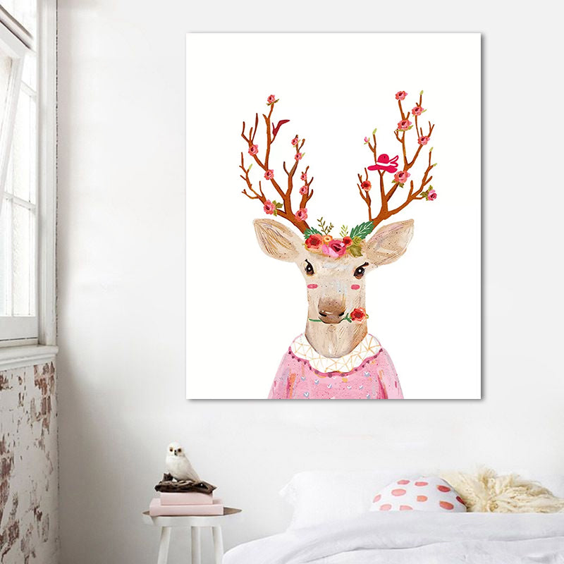 Deer Paintings Contemporary Decorative for Sitting Room Wall Art Print in Colorful Pink Clearhalo 'Art Gallery' 'Canvas Art' 'Kids' Arts' 1659669