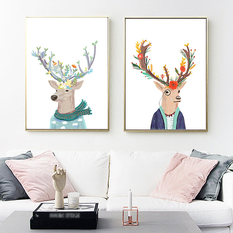 Deer Paintings Contemporary Decorative for Sitting Room Wall Art Print in Colorful Blue Clearhalo 'Art Gallery' 'Canvas Art' 'Kids' Arts' 1659673