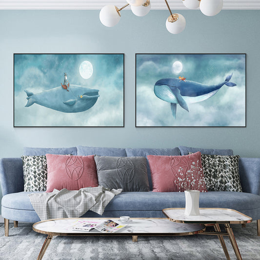 Cartoon Children Wall Art Moon and People on the Whale Pastel Color Canvas Print Brown Clearhalo 'Art Gallery' 'Canvas Art' 'Kids' Arts' 1659697