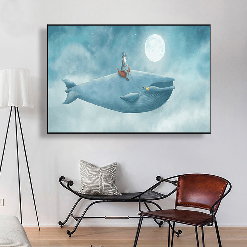 Cartoon Children Wall Art Moon and People on the Whale Pastel Color Canvas Print Clearhalo 'Art Gallery' 'Canvas Art' 'Kids' Arts' 1659698