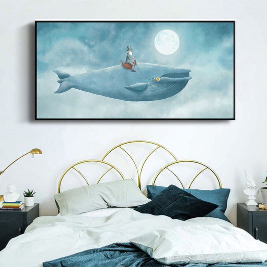Cartoon Children Wall Art Moon and People on the Whale Pastel Color Canvas Print Clearhalo 'Art Gallery' 'Canvas Art' 'Kids' Arts' 1659699