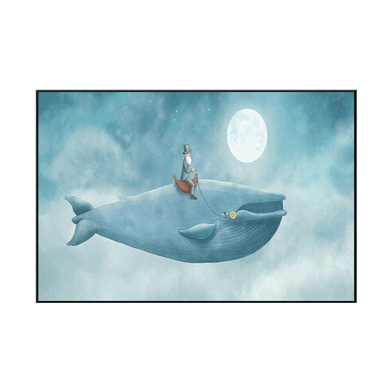 Cartoon Children Wall Art Moon and People on the Whale Pastel Color Canvas Print Clearhalo 'Art Gallery' 'Canvas Art' 'Kids' Arts' 1659701