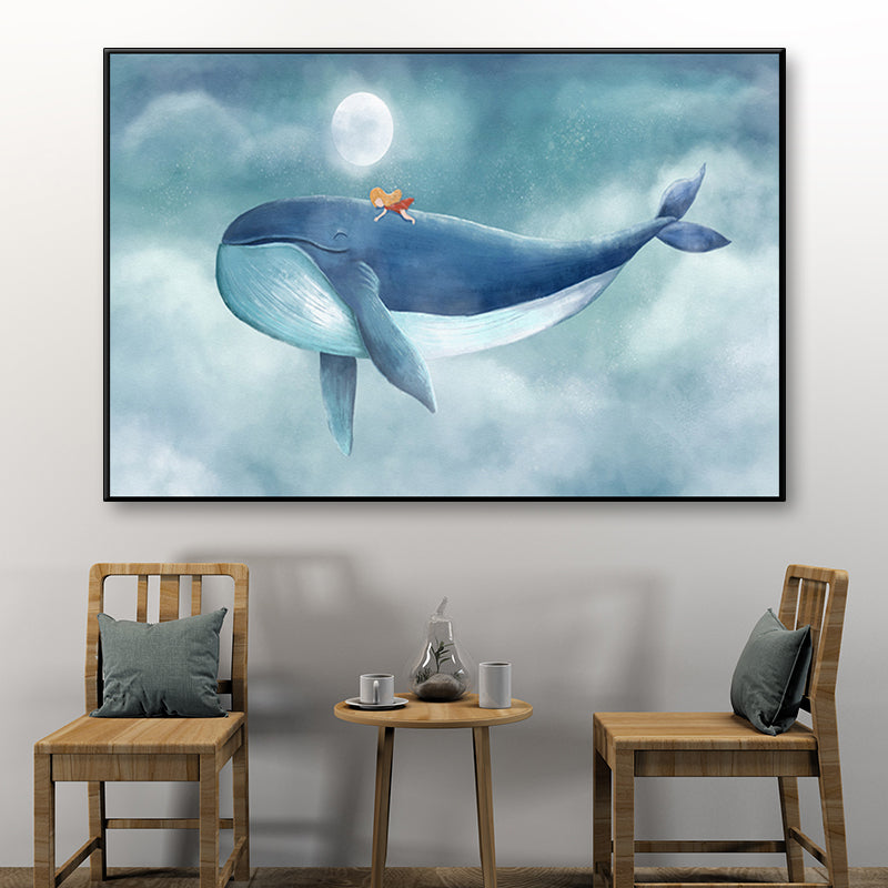 Cartoon Children Wall Art Moon and People on the Whale Pastel Color Canvas Print Clearhalo 'Art Gallery' 'Canvas Art' 'Kids' Arts' 1659706