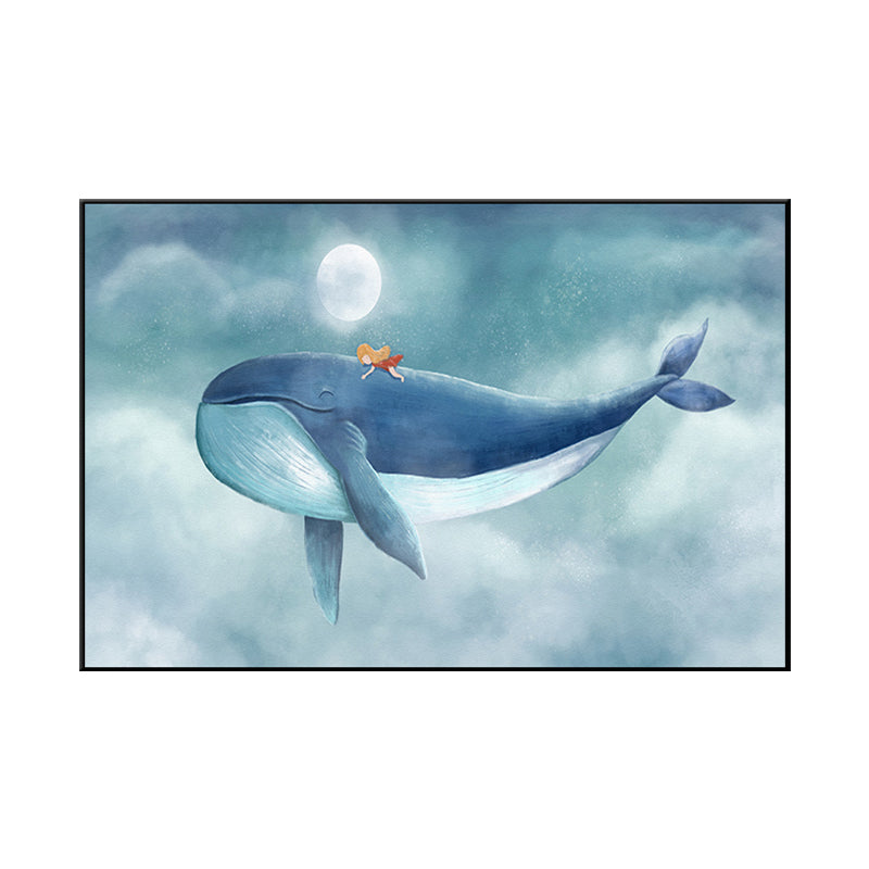 Cartoon Children Wall Art Moon and People on the Whale Pastel Color Canvas Print Clearhalo 'Art Gallery' 'Canvas Art' 'Kids' Arts' 1659708