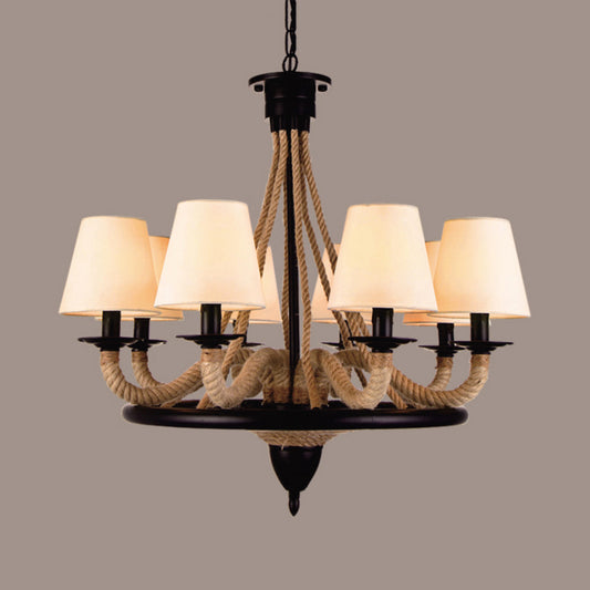 6/8 Bulbs Wagon Wheel Pendant Lighting Farmhouse Beige Rope Chandelier Light Fixture with Fabric Cone Shade 8 Beige Clearhalo 'Ceiling Lights' 'Chandeliers' 'Industrial Chandeliers' 'Industrial' 'Middle Century Chandeliers' 'Tiffany' Lighting' 16597