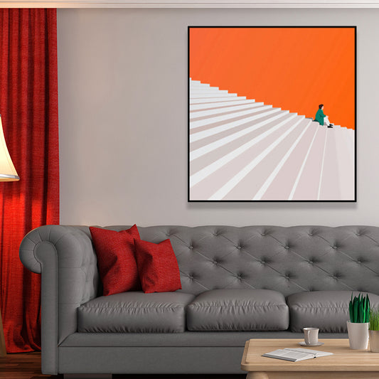 Nordic Man with Stair Painting Still Life Square Wall Art Deco in Orange for Bedroom Clearhalo 'Arts' 'Canvas Art' 1659800