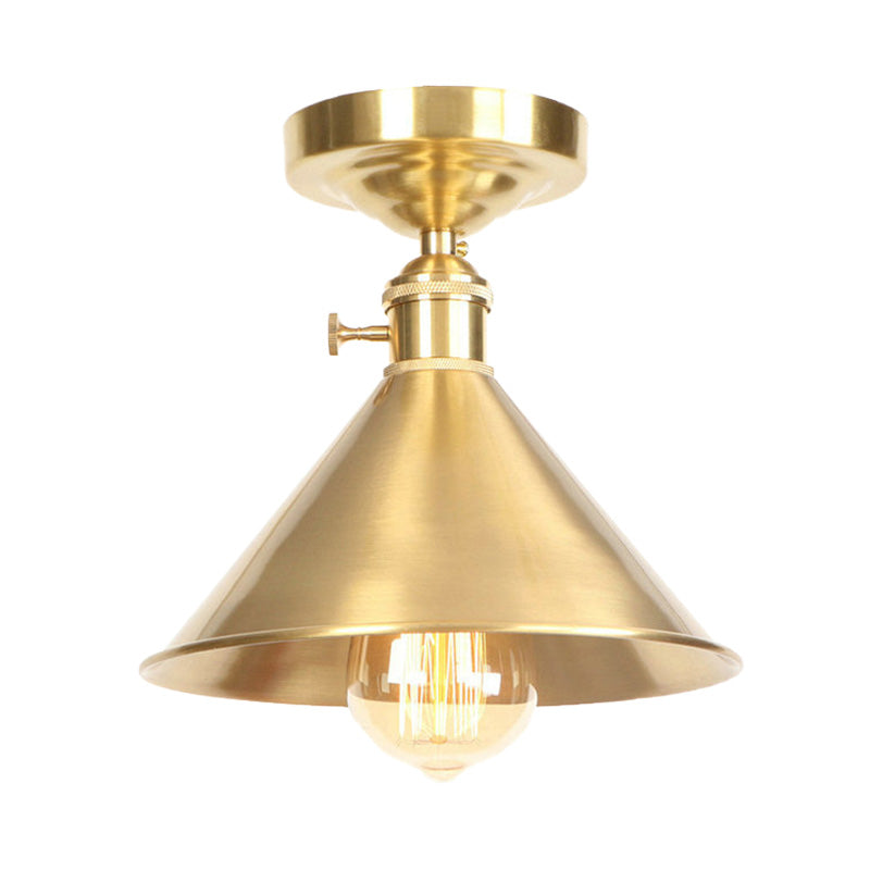 Brushed Brass Conical Semi Flush Light Vintage Industrial Metal 1 Light Balcony Ceiling Mounted Light, 8"/9.5" Wide Clearhalo 'Ceiling Lights' 'Close To Ceiling Lights' 'Close to ceiling' 'Semi-flushmount' Lighting' 165989
