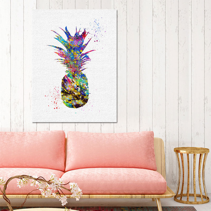 Tropical Pineapple Watercolor Canvas Blue Textured Wall Art Print for Living Room Blue Clearhalo 'Art Gallery' 'Canvas Art' 'Coastal Art Gallery' 'Tropical' Arts' 1659896