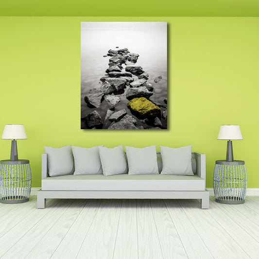 Photo Print River Stones Canvas Wall Art for Living Room, Grey and Yellow, Textured Clearhalo 'Arts' 'Canvas Art' 1659905