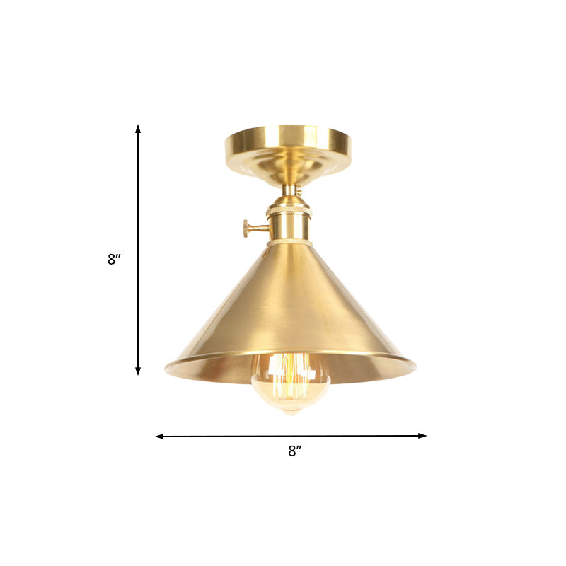 Brushed Brass Conical Semi Flush Light Vintage Industrial Metal 1 Light Balcony Ceiling Mounted Light, 8"/9.5" Wide Clearhalo 'Ceiling Lights' 'Close To Ceiling Lights' 'Close to ceiling' 'Semi-flushmount' Lighting' 165992