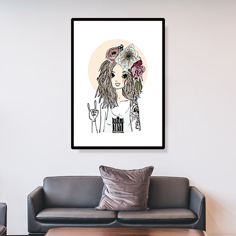 Childrens Art Figure Canvas Print Soft Color Girl Drawing Wall Decor for Bedroom Black Clearhalo 'Art Gallery' 'Canvas Art' 'Kids' Arts' 1659966