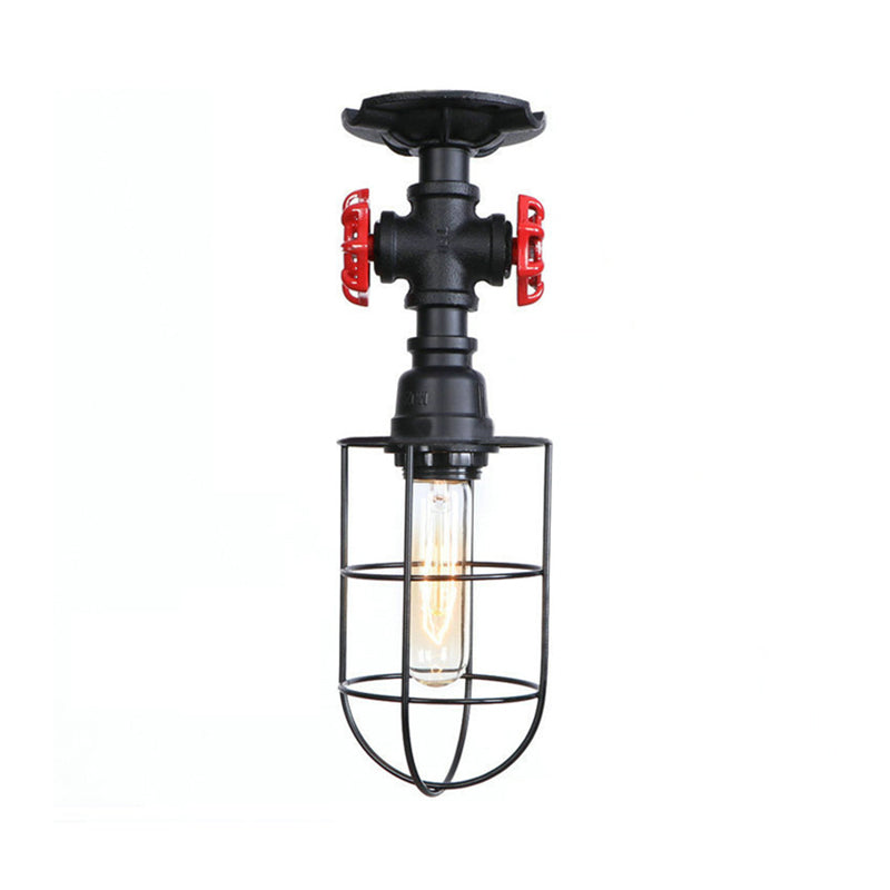 Wire Cage Metal Semi Flush Light with Valve Nautical Stylish 1 Light Living Room Ceiling Light Fixture in Black/Bronze Clearhalo 'Ceiling Lights' 'Close To Ceiling Lights' 'Close to ceiling' 'Semi-flushmount' Lighting' 166022