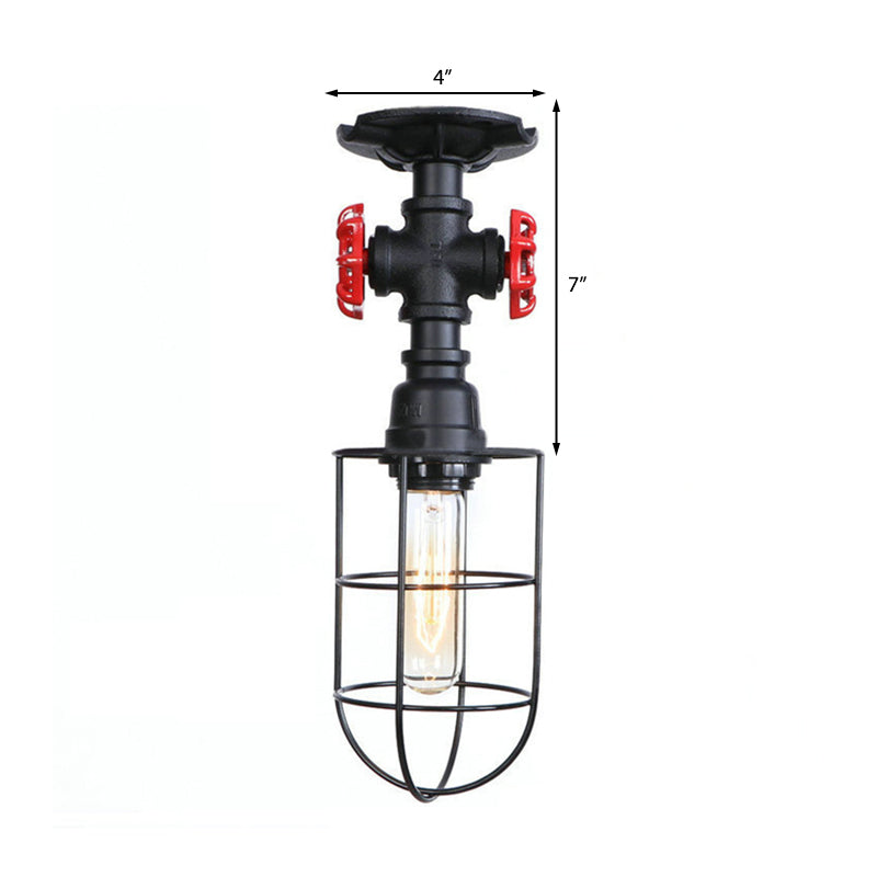 Wire Cage Metal Semi Flush Light with Valve Nautical Stylish 1 Light Living Room Ceiling Light Fixture in Black/Bronze Clearhalo 'Ceiling Lights' 'Close To Ceiling Lights' 'Close to ceiling' 'Semi-flushmount' Lighting' 166023
