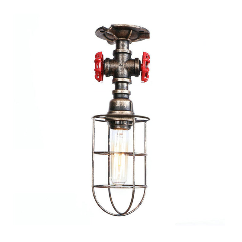 Wire Cage Metal Semi Flush Light with Valve Nautical Stylish 1 Light Living Room Ceiling Light Fixture in Black/Bronze Clearhalo 'Ceiling Lights' 'Close To Ceiling Lights' 'Close to ceiling' 'Semi-flushmount' Lighting' 166025