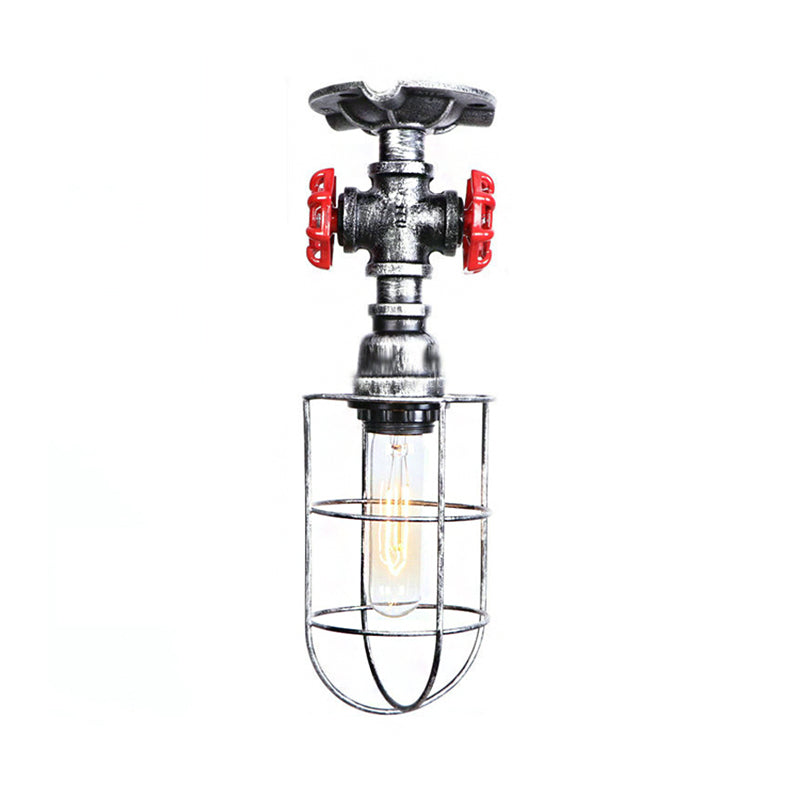 Wire Cage Metal Semi Flush Light with Valve Nautical Stylish 1 Light Living Room Ceiling Light Fixture in Black/Bronze Clearhalo 'Ceiling Lights' 'Close To Ceiling Lights' 'Close to ceiling' 'Semi-flushmount' Lighting' 166027