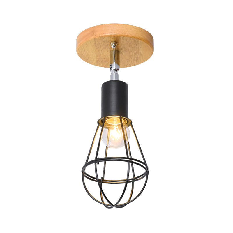 1 Bulb Wire Cage Semi-Flush Ceiling Fixture Industrial Loft Black Metallic Rotatable Ceiling Mounted Fixture, 4"/5.5" Dia Clearhalo 'Ceiling Lights' 'Close To Ceiling Lights' 'Close to ceiling' 'Semi-flushmount' Lighting' 166061