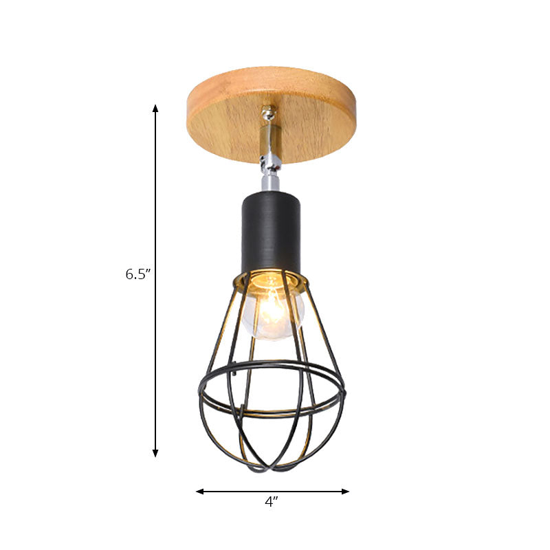 1 Bulb Wire Cage Semi-Flush Ceiling Fixture Industrial Loft Black Metallic Rotatable Ceiling Mounted Fixture, 4"/5.5" Dia Clearhalo 'Ceiling Lights' 'Close To Ceiling Lights' 'Close to ceiling' 'Semi-flushmount' Lighting' 166062