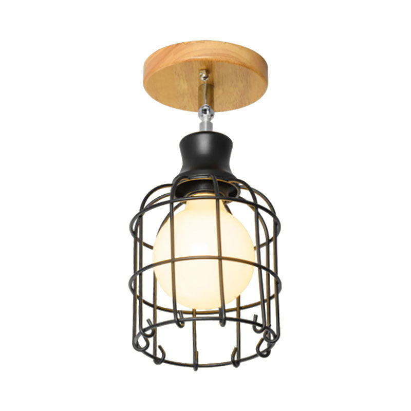 1 Bulb Wire Cage Semi-Flush Ceiling Fixture Industrial Loft Black Metallic Rotatable Ceiling Mounted Fixture, 4"/5.5" Dia Clearhalo 'Ceiling Lights' 'Close To Ceiling Lights' 'Close to ceiling' 'Semi-flushmount' Lighting' 166064
