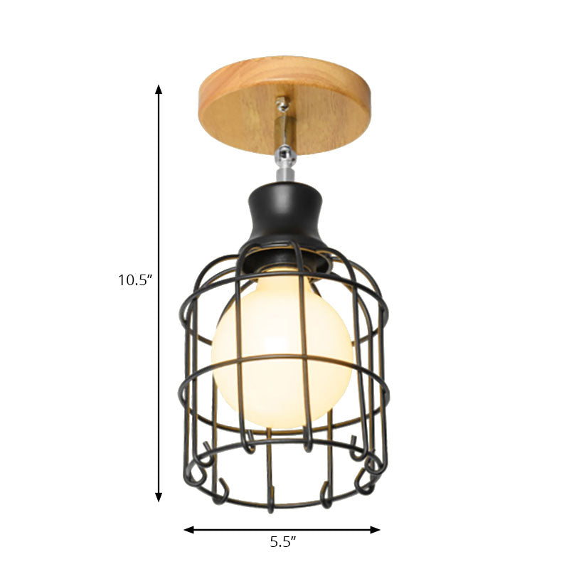 1 Bulb Wire Cage Semi-Flush Ceiling Fixture Industrial Loft Black Metallic Rotatable Ceiling Mounted Fixture, 4"/5.5" Dia Clearhalo 'Ceiling Lights' 'Close To Ceiling Lights' 'Close to ceiling' 'Semi-flushmount' Lighting' 166065