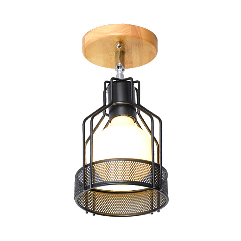 1 Bulb Wire Cage Semi-Flush Ceiling Fixture Industrial Loft Black Metallic Rotatable Ceiling Mounted Fixture, 4"/5.5" Dia Clearhalo 'Ceiling Lights' 'Close To Ceiling Lights' 'Close to ceiling' 'Semi-flushmount' Lighting' 166067
