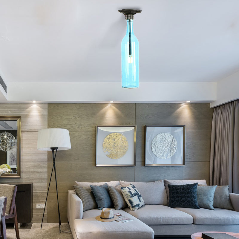 1 Bulb Semi Flush Light with Bottle Glass Shade Industrial Stylish Living Room Semi-Flush Mount Light in Grey/Brown Blue Clearhalo 'Ceiling Lights' 'Close To Ceiling Lights' 'Close to ceiling' 'Glass shade' 'Glass' 'Semi-flushmount' Lighting' 166091