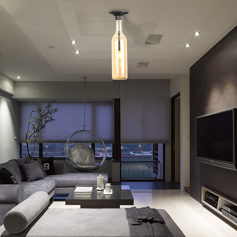 1 Bulb Semi Flush Light with Bottle Glass Shade Industrial Stylish Living Room Semi-Flush Mount Light in Grey/Brown Amber Clearhalo 'Ceiling Lights' 'Close To Ceiling Lights' 'Close to ceiling' 'Glass shade' 'Glass' 'Semi-flushmount' Lighting' 166095