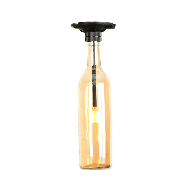 1 Bulb Semi Flush Light with Bottle Glass Shade Industrial Stylish Living Room Semi-Flush Mount Light in Grey/Brown Clearhalo 'Ceiling Lights' 'Close To Ceiling Lights' 'Close to ceiling' 'Glass shade' 'Glass' 'Semi-flushmount' Lighting' 166096